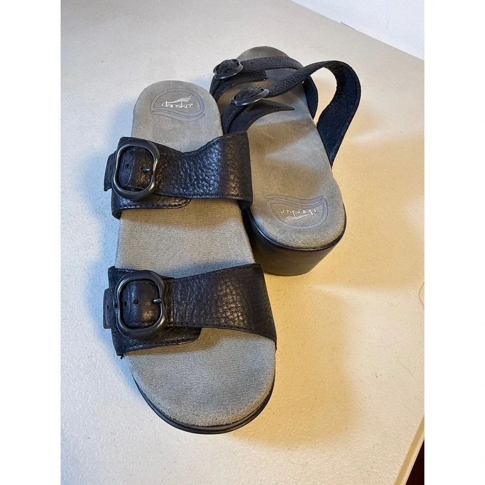 Dansko Womens Black Pebbled Leather Double Strap Buckle Platform Wedge Sandals